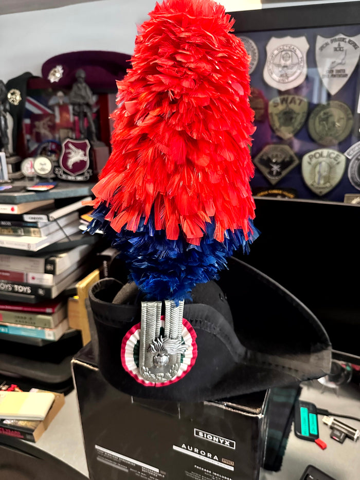 Italian Carabinieri black dress uniform hat with red and blue hackle plume and silver badge
